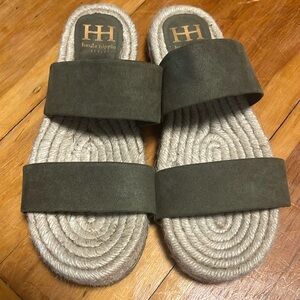Haute Hippie Sage Green Raffia Espadrille Double Strap Mule Sandal, size 8 1/2
